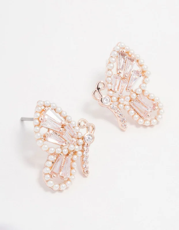 Women’s chandelier earrings-Rose Gold Plated Cubic Zirconia Baguette & Pearl Butterfly Stud Earrings