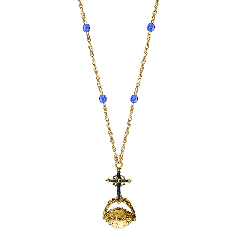 Women’s elegant diamond necklace-Symbols Of Faith Sapphire Blue Crystal Hail Mary Spinner Pendant Necklace 30"