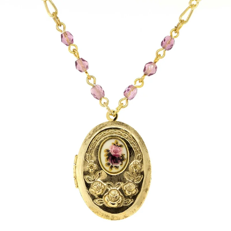 Women’s chain necklace-1928 Jewelry Manor House Pink And Purple Flower Beaded Locket Necklace 18" + 3" Extender