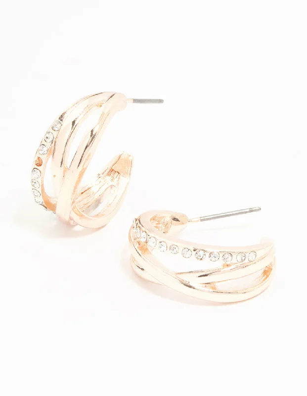 Women’s silver drop earrings-Rose Gold Diamante Twisted Hoop Earrings