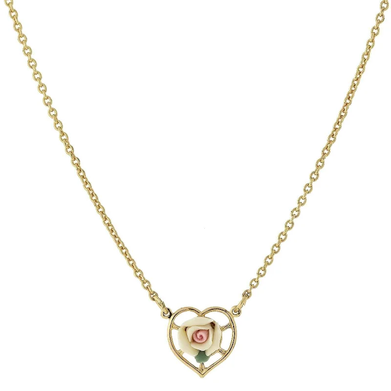 Women’s charm necklace-1928 Jewelry Porcelain Rose Heart Pendant Necklace 16" + 3" Extender