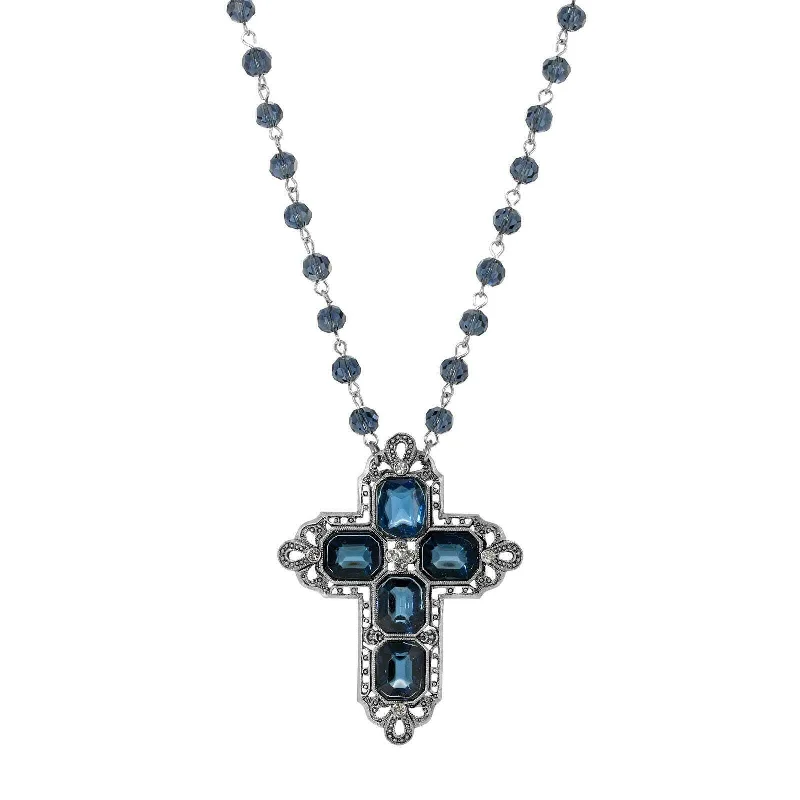 Women’s multi-strand necklace-1928 Jewelry Antiqued Pewter Octagon Dark Blue German Glass Stones And Beaded Cross Necklace 16" + 3" Extender