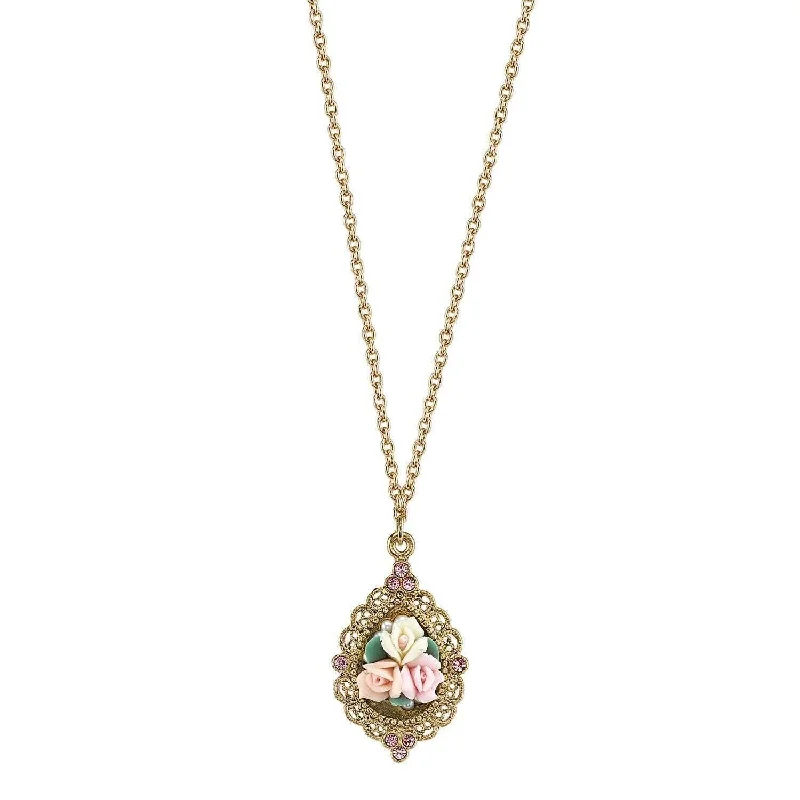 Women’s cubic zirconia necklace-1928 Bridal Pink Crystal And Ivory And Pink Porcelain Rose Pendant Necklace 16" + 3" Extender