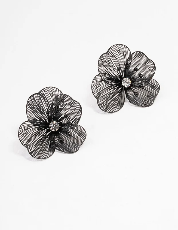 Women’s drop earrings-Black Diamante Flower Stud Earrings