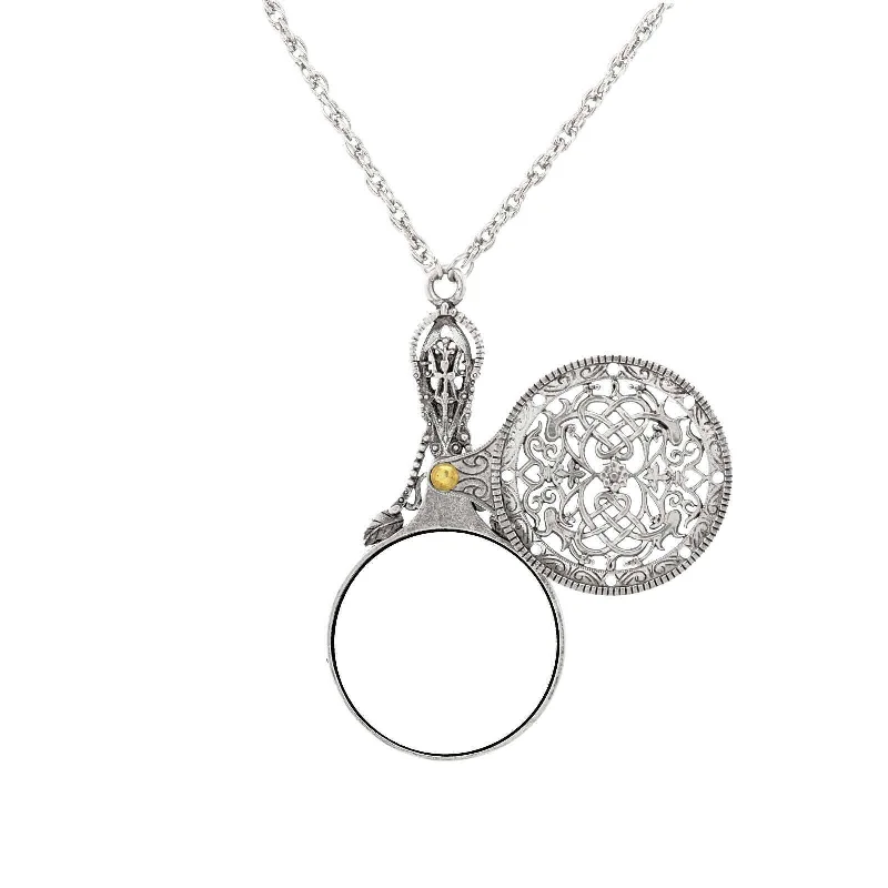 Women’s minimalist pendant necklace-1928 Jewelry Pewter Mirror With Sliding Filigree Cover Pendant Necklace 30"