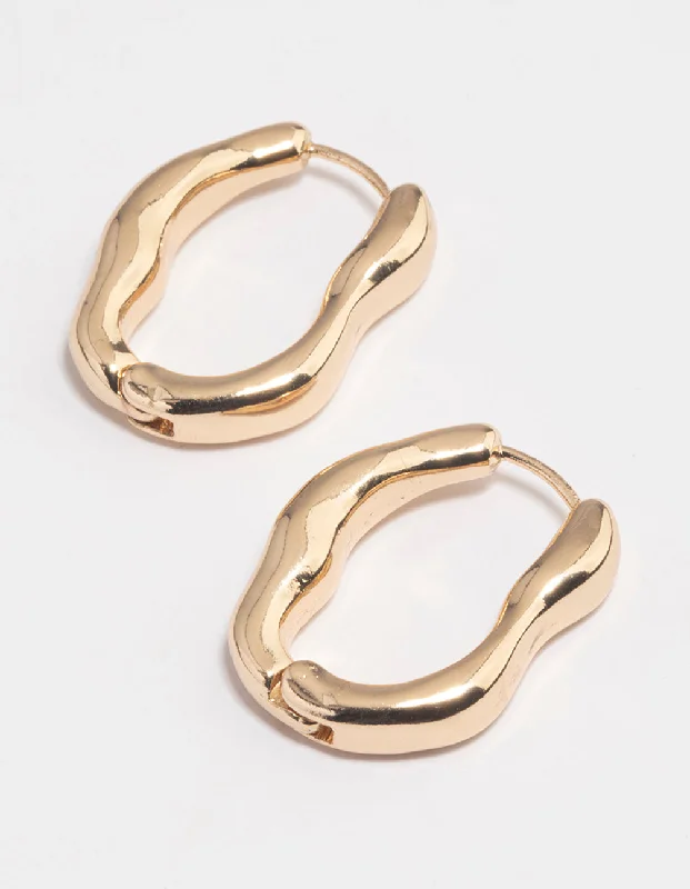 Women’s flower stud earrings-Gold Molten Oval Huggie Earrings