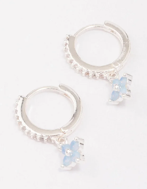 Women’s wedding earrings-Silver Cubic Zirconia Flower Huggie Earrings