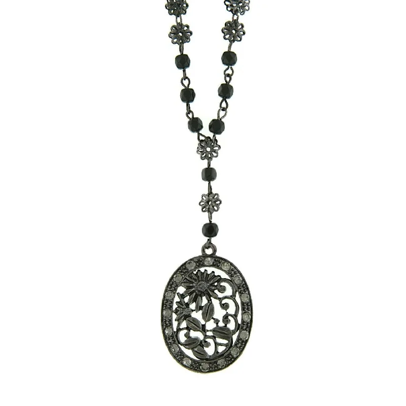 Women’s twisted chain necklace-1928 Jewelry Black Diamond Color Crystal Flower Pendant Necklace 16" + 3" Extender