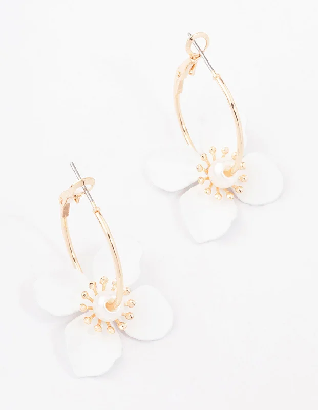 Women’s lightweight earrings-Gold Pearl Flower Hoop Earrings