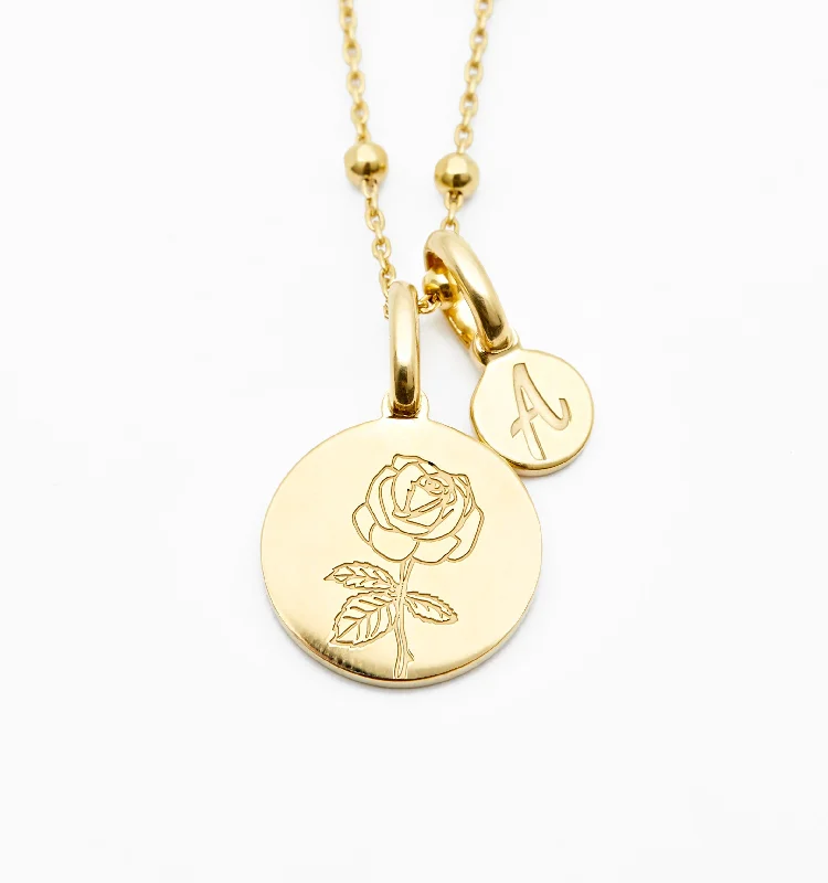 Women’s gold necklace-Rose Necklace With Initial - June Flower