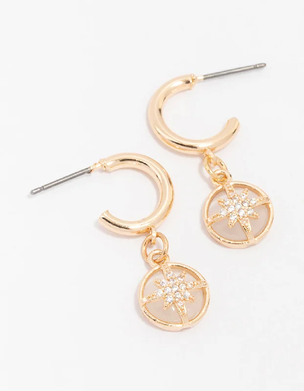 Women’s ruby drop earrings-Gold Diamante Round Star Huggie Hoop Earrings