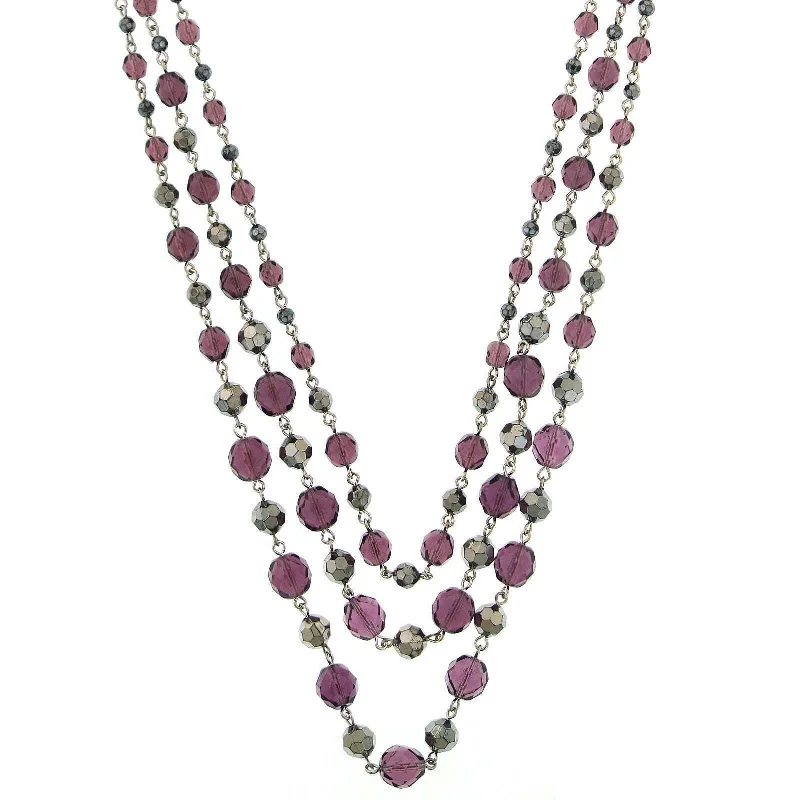 Women’s wedding necklace-2028 Jewelry Amethyst Purple and Hematite-Color Beaded 3-Strand Necklace 16" + 3" Extender