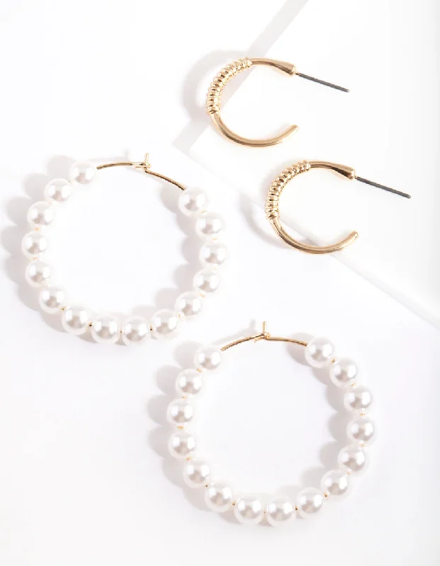 Women’s flower earrings-Gold Textured Pearl Hoop Earring Pack