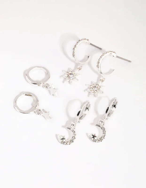 Women’s designer earrings-Silver Celestial Huggie Earring Pack