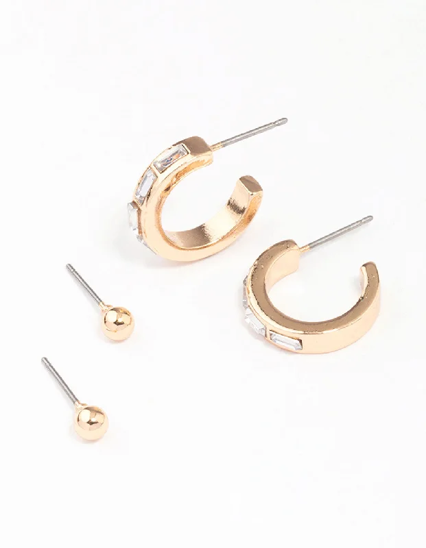 Women’s simple gold earrings-Gold Rectangular Diamante Hoop & Stud Earring Pack