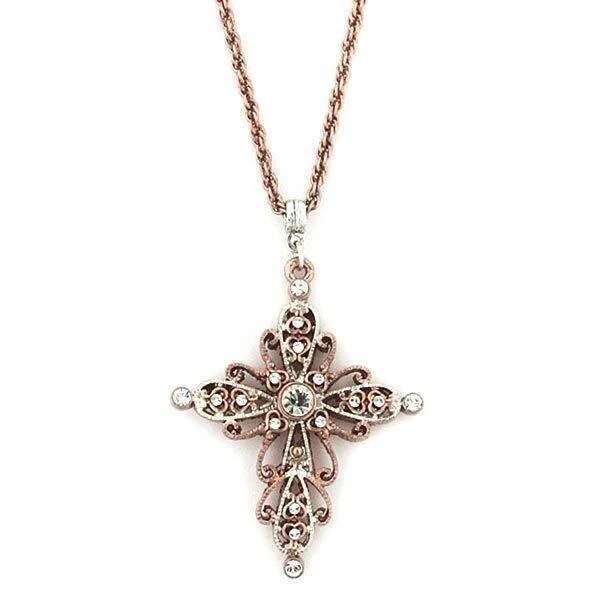 Women’s long necklace-1928 Jewelry Filigree Rose Gold Tone Crystal Cross Pendant Necklace 30"