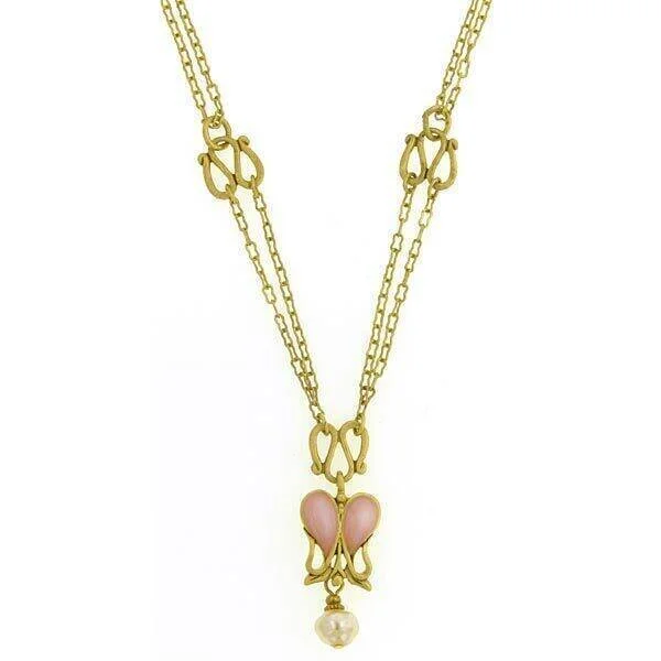 Women’s fashion necklace-Antiquities Couture Heartbeat Boutique Pink Enamel & Baroque Faux Pearl Pendant Necklace 18"