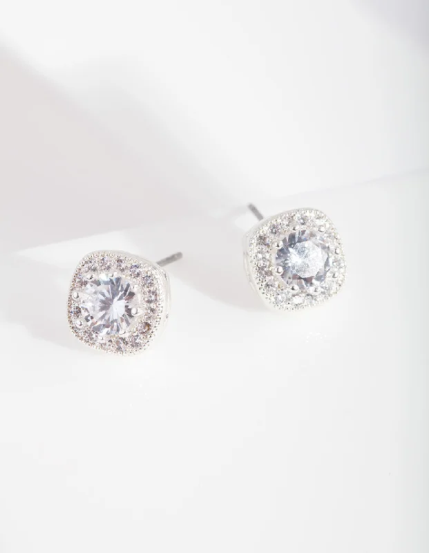 Women’s luxury hoop earrings-Silver Cubic Zirconia Vintage Pave Stud Earrings