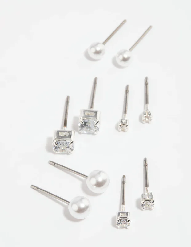 Women’s luxurious earrings-Silver Diamante Stud Earring 5-Pack