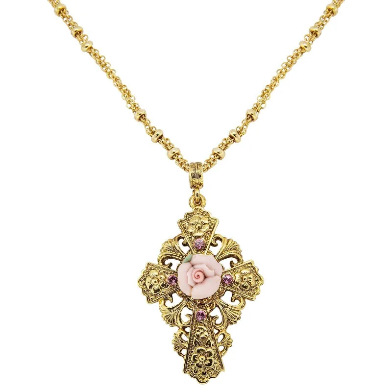 Women’s chic necklace-1928 Jewelry Cross Porcelain Rose Cross Pendant Necklace 18"