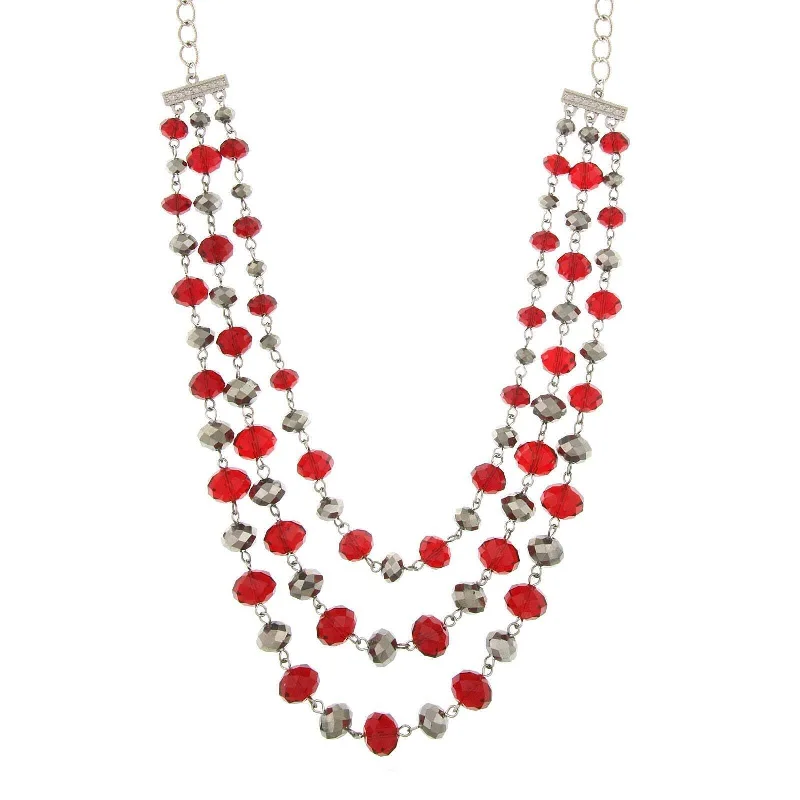 Women’s gold necklace-2028 Jewelry Siam Red And Hematite Color Beaded 3-Strand Necklace 18"