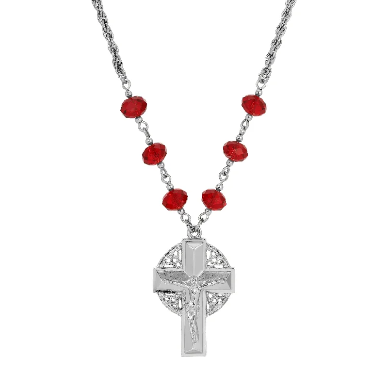 Women’s layered gold necklace-Symbols Of Faith Triquetra Crucifix Pendant Siam Red Beaded Chain Necklace 16" + 3" Extension