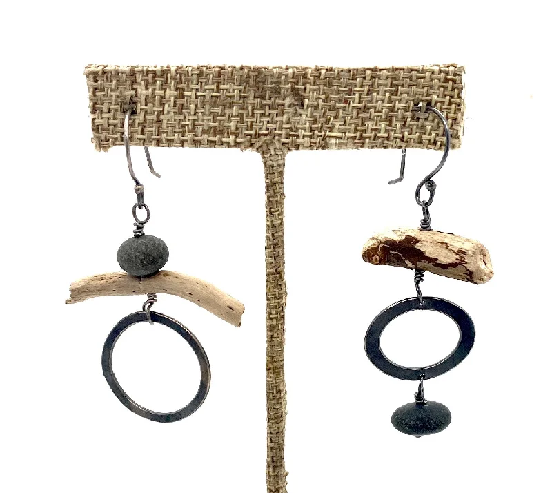 Women’s luxury hoop earrings-Mis matched rock and driftwood earrings