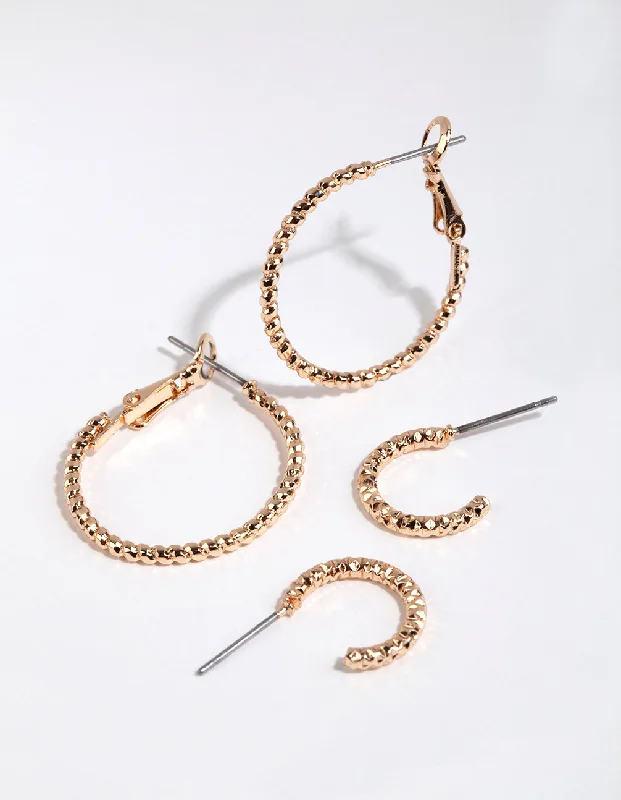 Women’s casual earrings-Gold Diamond Cut Hoop Earring Pack