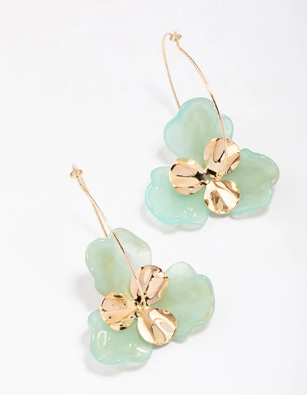 Women’s butterfly earrings-Gold & Green Large Flower Wire Hoop Earrings