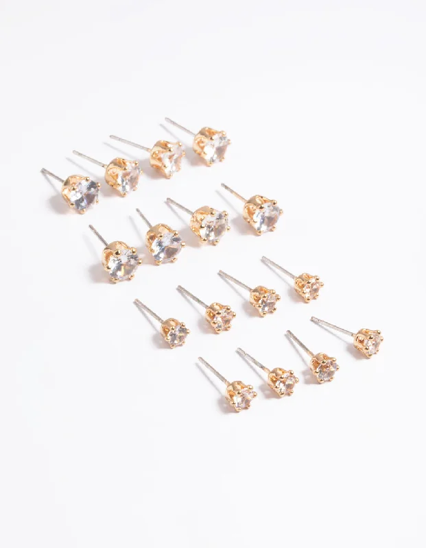 Women’s diamond chandelier earrings-Gold Classic Diamante Studs 8-Pack