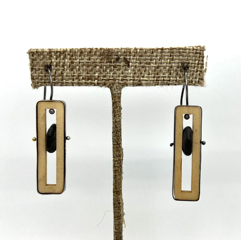 Women’s stud with diamonds earrings-Wood Rectangle & Rock Earrings