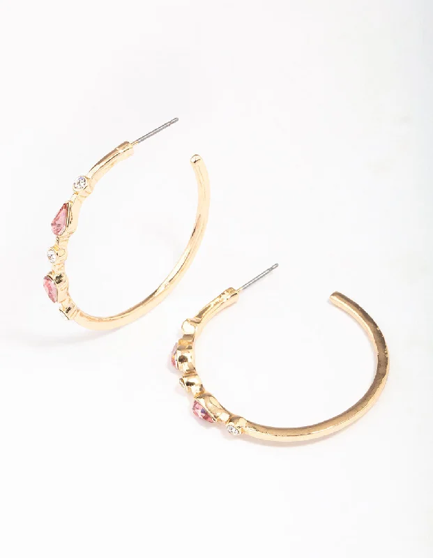 Women’s lightweight earrings-Gold Pear Circle Diamante Hoop Earrings