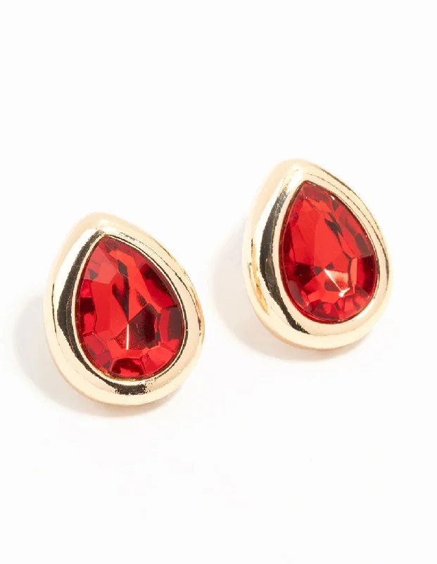 Women’s ruby drop earrings-Red Pear Diamante Gold Stud Earrings