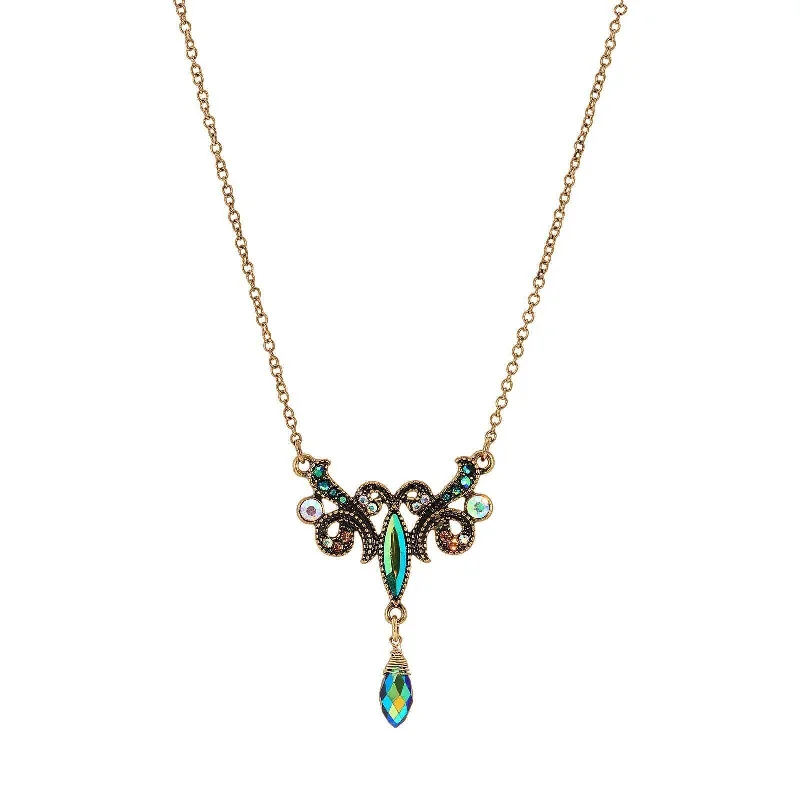 Women’s platinum necklace-1928 Jewelry Peacock Plumage Blue Iridescent AB Pendant Necklace 16" + 3" Extender