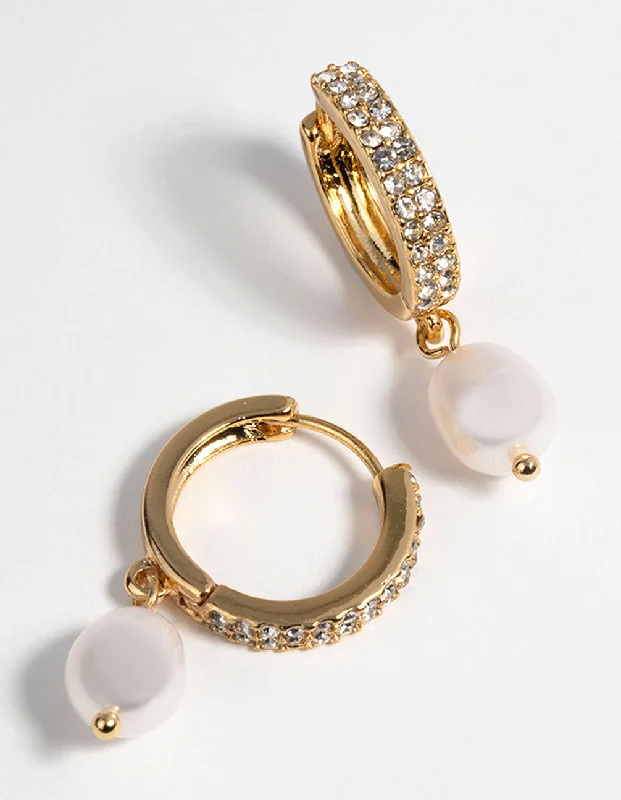 Women’s oval earrings-Gold Plated Huggie Hoop Earrings with Freshwater Pearls