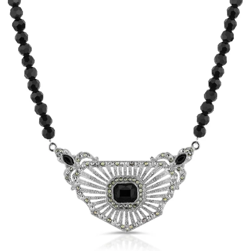 Women’s chic pendant necklace-Antiquities Couture Marcasite & Black Stone Collar Beaded Necklace 16" + 3" Extender