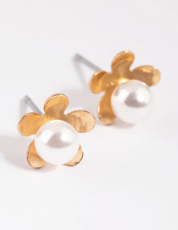 Women’s large earrings-Gold Pearl & Flower Stud Earrings