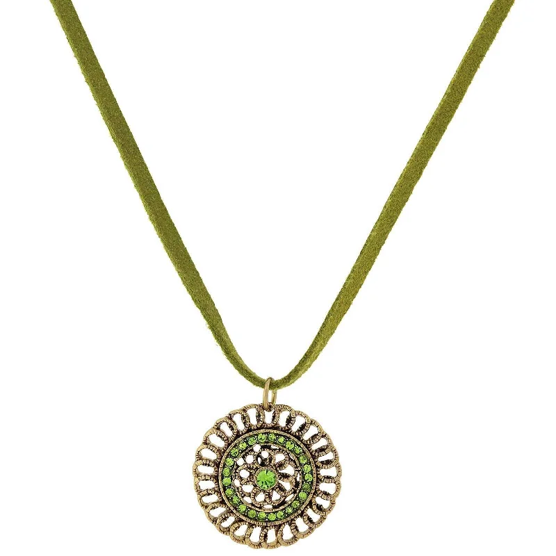 Women’s silver necklace-1928 Jewelry Green Velvet Choker Olivine Green Crystal Round Flower Pendant Necklace 16"