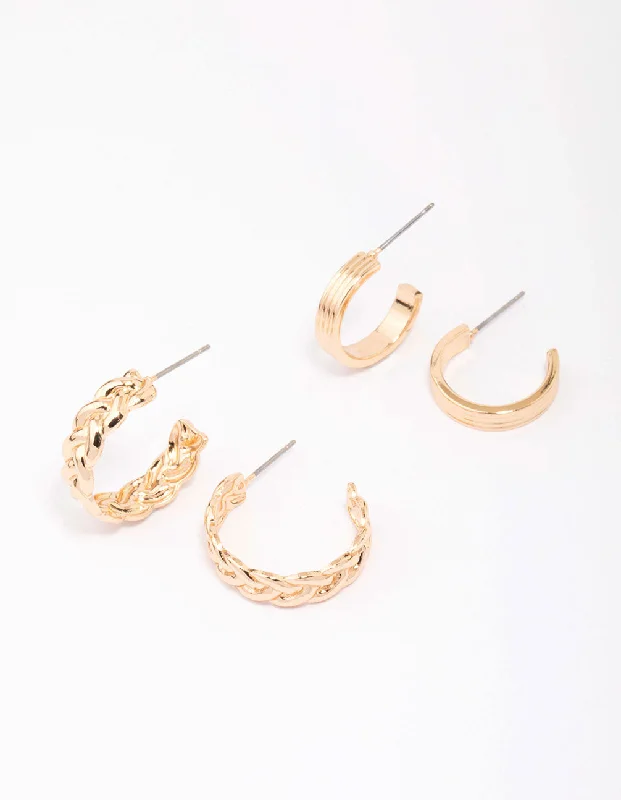 Women’s circular earrings-Gold Braided & Ribbed Hoop Earring Pack