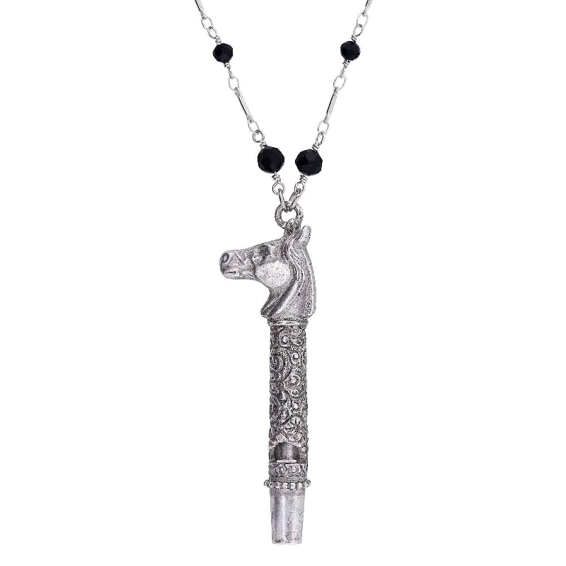 Women’s long pendant necklace-1928 Jewelry Pewter Horse Head Whistle Black Beaded Necklace 30"