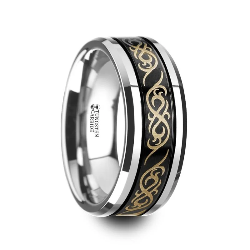 Women’s square-cut ring-RAIZEN | Black Tungsten Ring Celtic Pattern