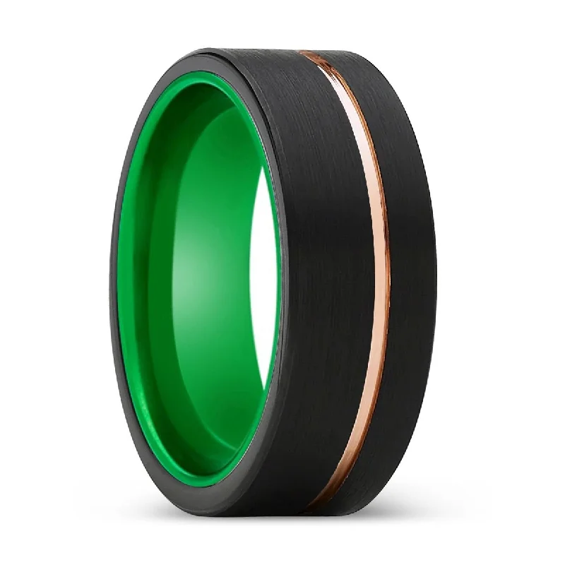 Women’s simple wedding ring-ROYALTY | Green Ring, Black Tungsten Ring, Rose Gold Offset Groove, Brushed, Flat