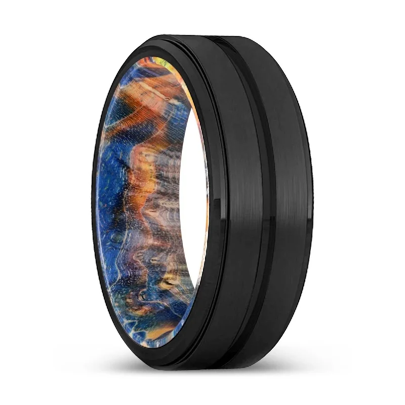 Women’s vibrant gemstone ring-EDWIN | Blue & Yellow/Orange Wood, Black Tungsten Ring, Grooved, Stepped Edge