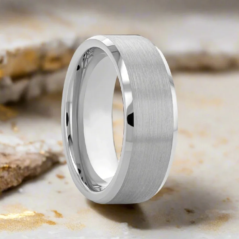 Women’s engagement ring-ANDREW | Silver Tungsten Ring, Brushed, Beveled Edges