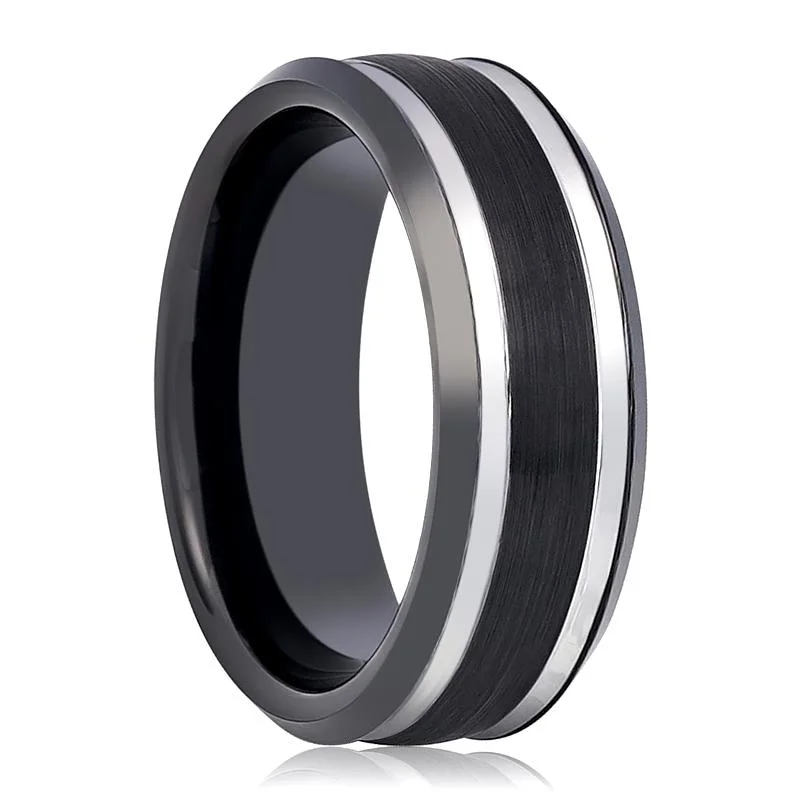 Women’s rose gold ring-VELUTUS | Black Tungsten Ring, Two Silver Grooves, Beveled