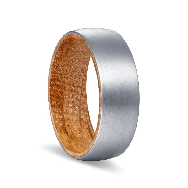 Women’s pear-shaped ring-CARLTON | Whiskey Barrel Wood, Silver Tungsten Ring, Brushed, Domed