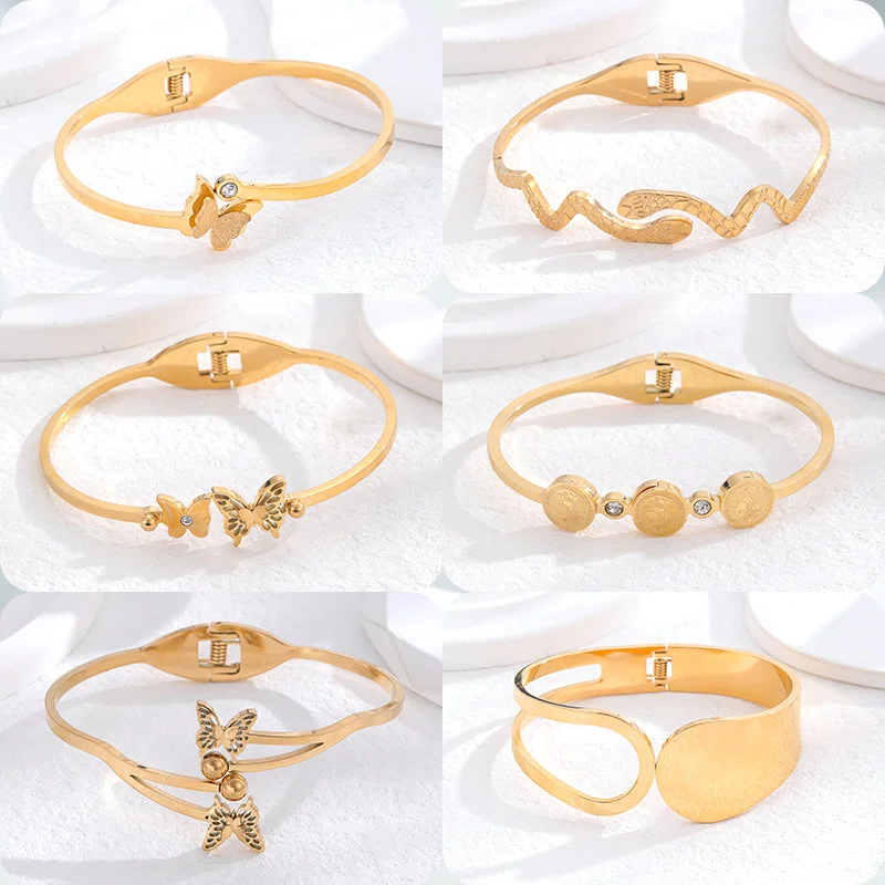 Women’s simple gold bracelet-Wholesale Retro Round Snake Butterfly Titanium Steel 24k Gold Plated Rhinestones Bangle