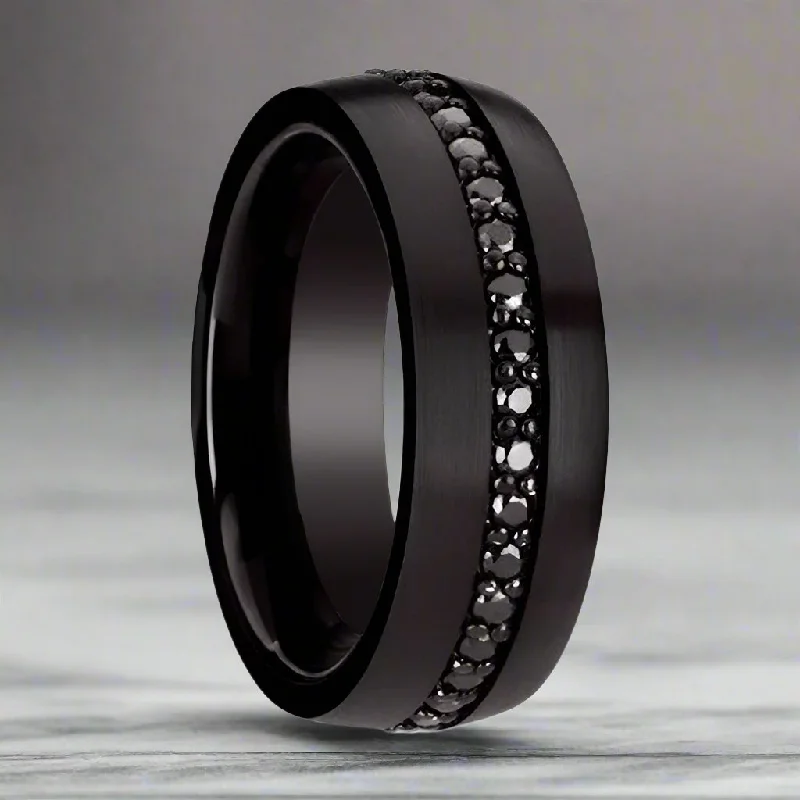 Women’s zirconia ring-VALIANT | Black Tungsten Ring, Black Sapphires, Domed