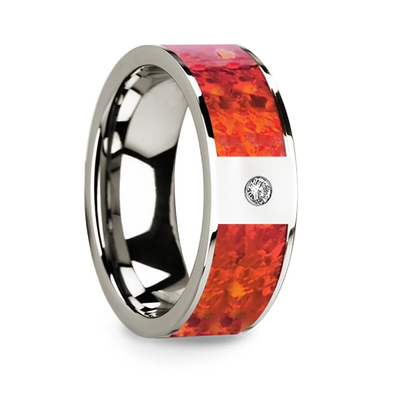 Women’s engagement rings with delicate details-14k White Gold Men's Wedding Band with Red Opal Inlay & Diamond