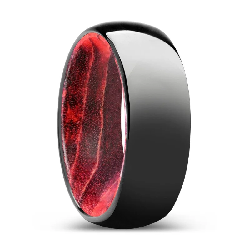 Women’s cushion-cut ring-TIMBER | Black & Red Wood, Black Tungsten Ring, Shiny, Domed